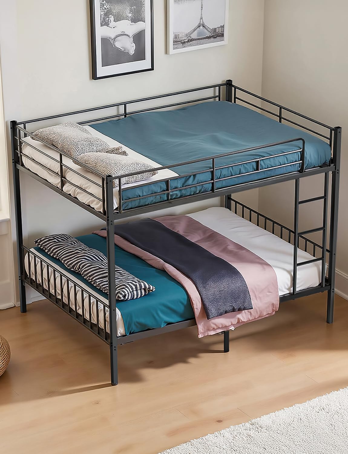 Miscoos Queen Over Queen Bunk Bed, Heavy-Duty Queen Bed Frame with Safety Full-Length Guardrails & Anti-Slip Ladder, Metal Bunk Bed for Teens Adults, Noise Reduced, Black Miscoos