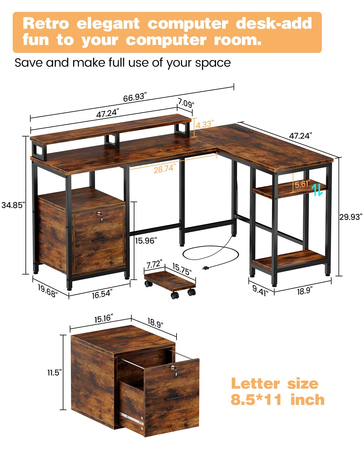 L Shaped Office Desk, 67" Home Office Desk with File Drawer & Power Outlet, Gaming Desk with Mobile CPU Stand, Corner Computer Desk with Monitor Shelf, Printer Storage Shelves, Two Person Desk, Brown