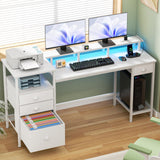 Furologee White Computer Desk with 4 Drawers, 60" Long Office Desk with Fabric File Cabinet and Power Outlets, Gaming Desk with LED Lights, Study Writing Work Desk with Shelf for Home Office Furologee