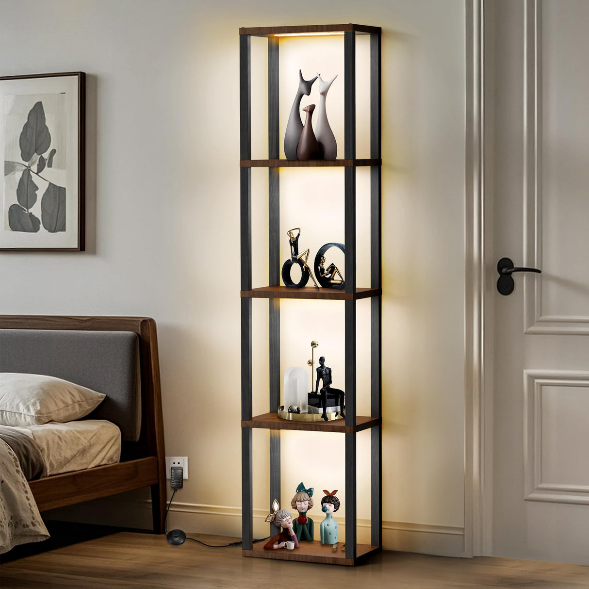5-Tier Display Shelf with Dimmable Lights, LED Bookshelf for Bedroom, 3 Color Temperature and Brightness Adjustable, 65'' Curio Cabinet Shelf Display Bookcase Floor Lamp with Shelves for Living Room XIIW