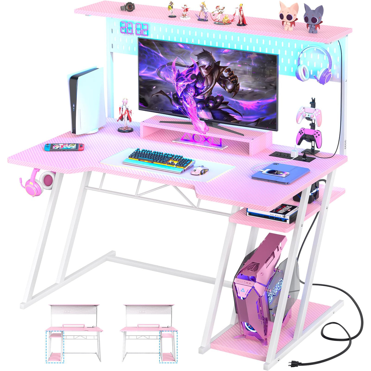 Gaming Computer Desk with Power Outlets, Gaming Desk with Hutch and LED Lights, Reversible PC Gaming Desk with Pegboard, Carbon Fiber Pink, 47" armocity