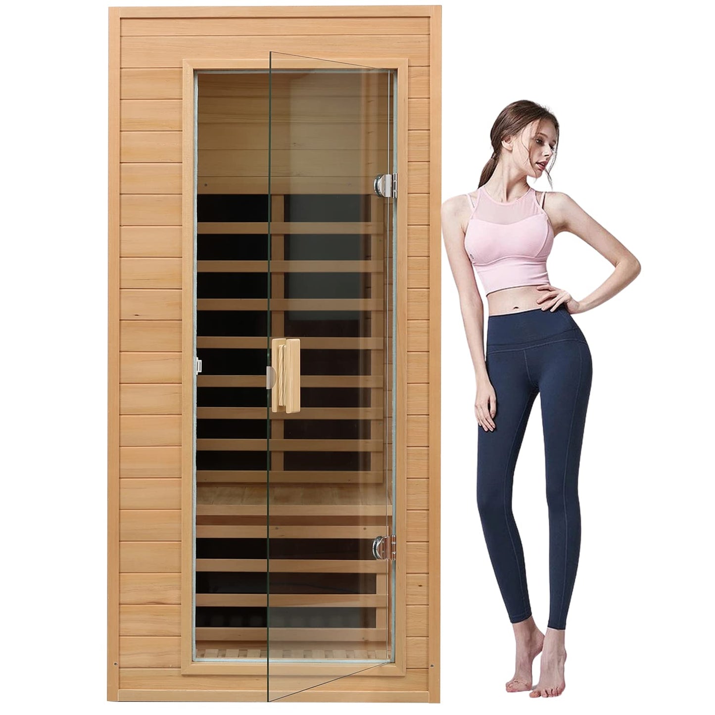 KUNSANA 1 Person Infrared Sauna, Home Sauna, Hemlock Wood Far Infrared Sauna, 1,200watt, Low EMF FAR Infrared with Bluetooth, LCD, LED Lights, for Home Indoor - WoodArtSupply