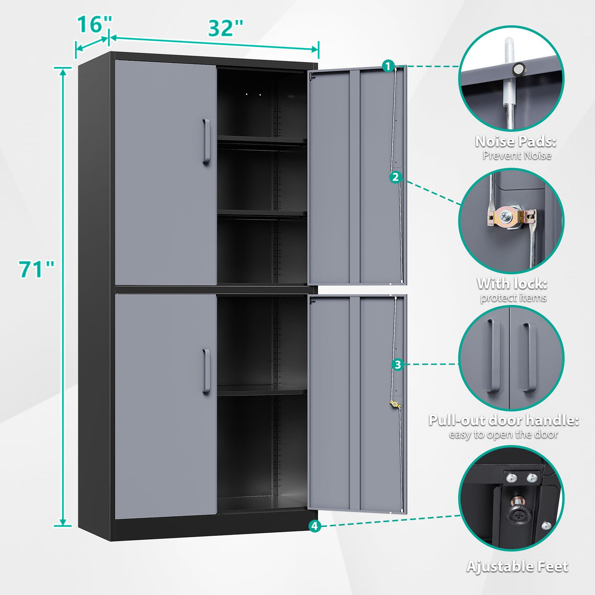 SISESOL Metal Storage Cabinet - 71 Inch Tall Large Steel Utility Locker with 3 Adjustable Shelves & Locking Doors - Garage Storage Cabinets for Tool Storage and Ammo Locker SISESOL