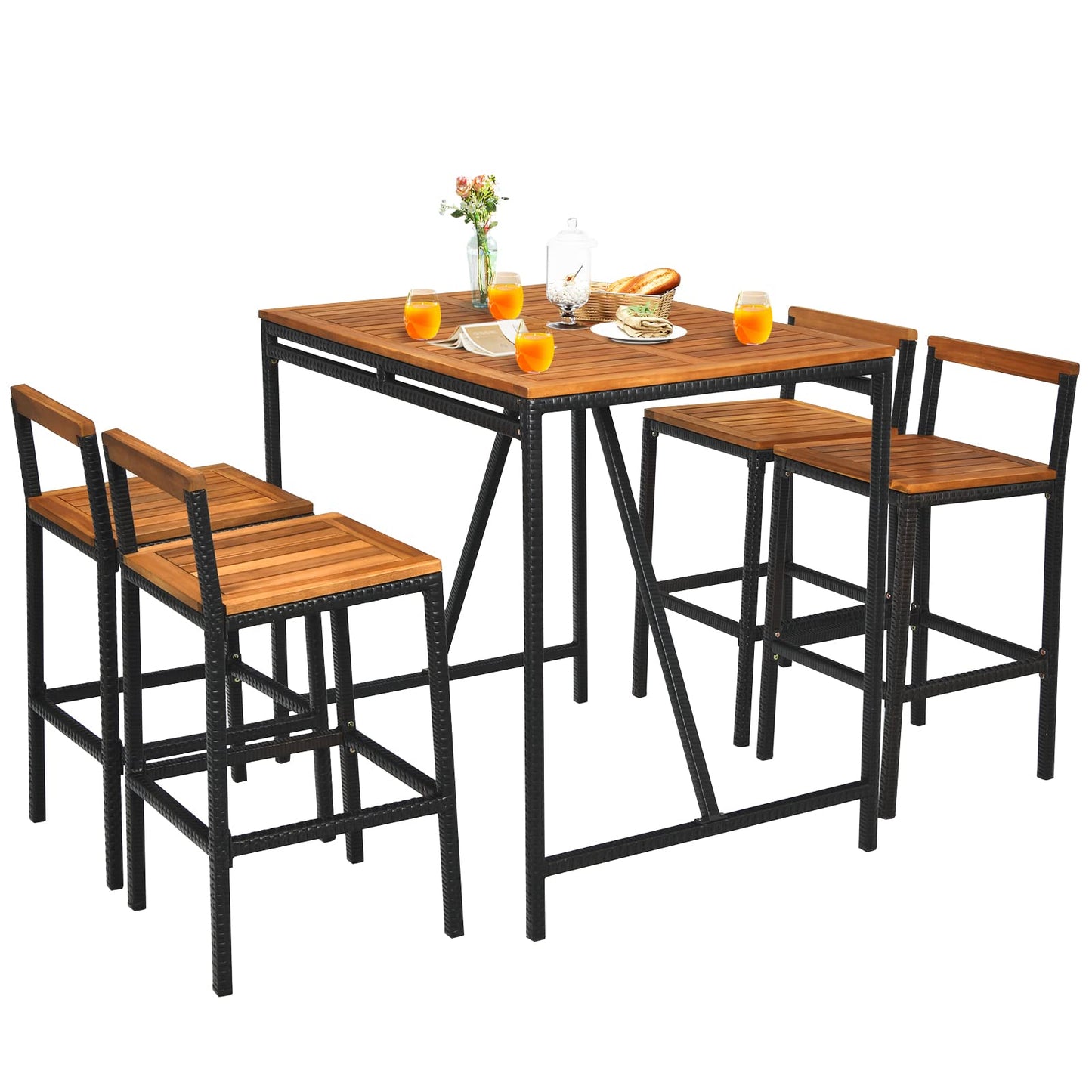 Tangkula 5-Piece Black Acacia Wood Bar Table Set with Rattan Stools and Umbrella Hole for Outdoor Spaces