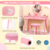 Costzon Kids Vanity, Girls Vanity Set with Mirror and Stool and Lights, Drawer, 2 in 1 Wooden Toddler Makeup Vanity Desk Dressing Table, Pretend Play Kids Vanity Table and Chair Set (Pink) Costzon