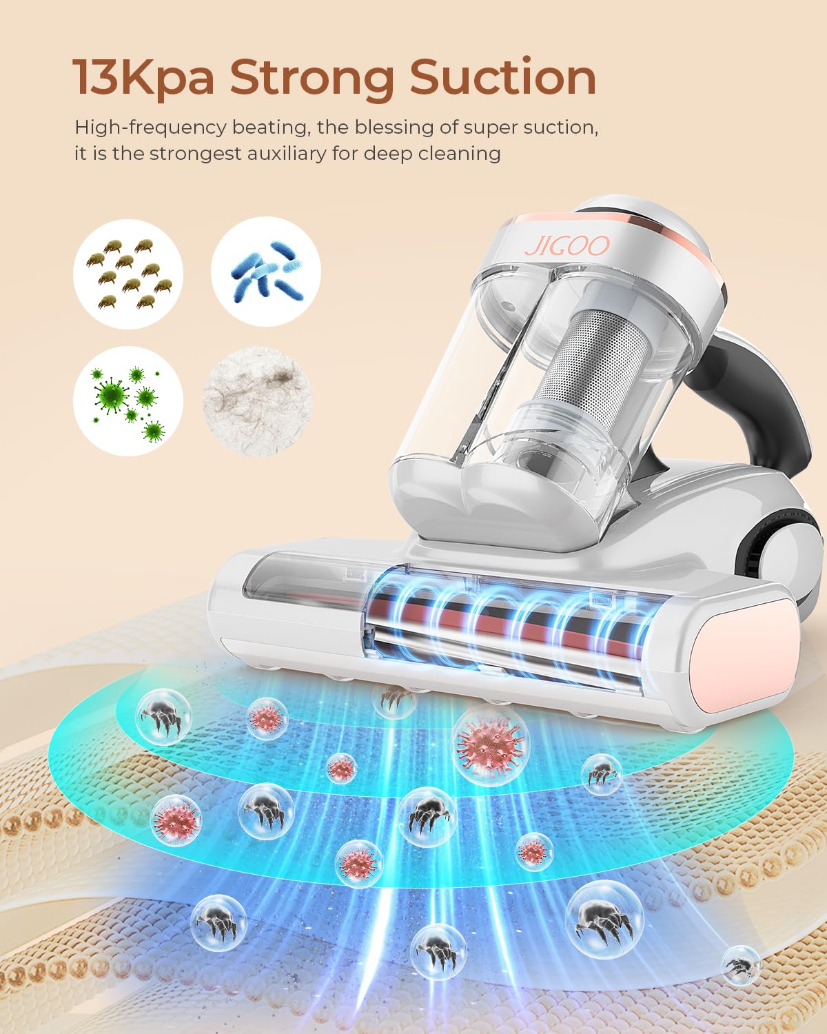 JIGOO Bed Vacuum Cleaner with Dust Sensor, Mattress Vacuum Cleaner with UV & Ultrasonic and High Heating, 13Kpa Suction 500W Powerful Double-Cup Handheld Vacuums (J300, Corded) JIGOO