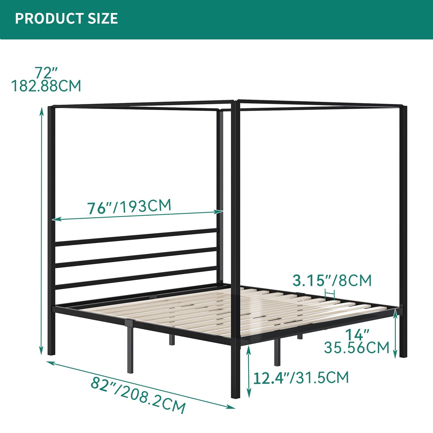 DWVO King Size Bed Frame, Black Metal Canopy Bed Frame with Integrated Headboard, Sturdy Wood Slats for Mattress Support, 14" Elevated Platform Design, Box Spring Not Required