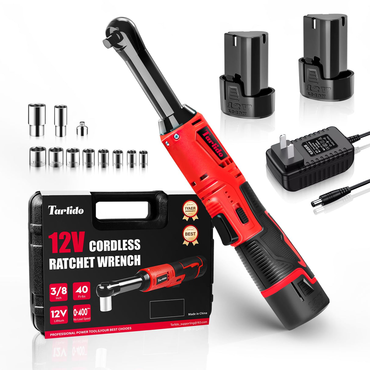 Tarlido 3/8" Electric Ratchet Wrench, 4" Extended 40 Ft-Lbs 400 RPM 12V Cordless Battery Powered Ratchet Wrench Set with LED Light, Including 2 Batteries, 11 Sockets and Fast Charge Tarlido