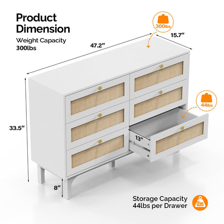 VINGLI 6 Drawer Dresser, White Dresser for Bedroom, Rattan Dresser, Boho Dresser, Wood Dresser Long Dresser TV Stand, Chest of Drawers, Baby/Kids/Nursery Dresser for Kids Bedroom, Living Room (White) VINGLI