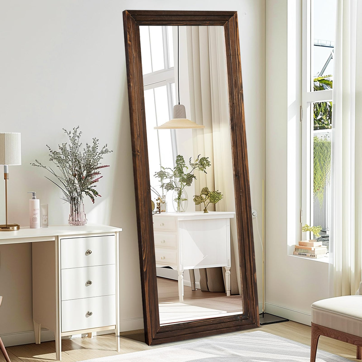 YLYHSST 65"x24" Full Length Mirror Solid Wood Frame Arched Floor Mirror for Living Room, Bedroom Hanging or Leaning, Brown YLYHSST