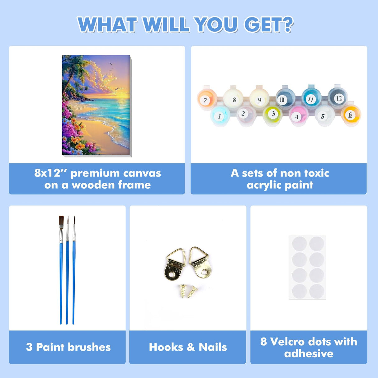 Bowetile Framed Paint by Numbers Sea for Adults Beginners, Adults' Paint-by-Number Landscape Kits, Easy Adult Paint by Number Kits on Canvas, Acrylic Number Painting for Home Decor, 8x12in Bowetile