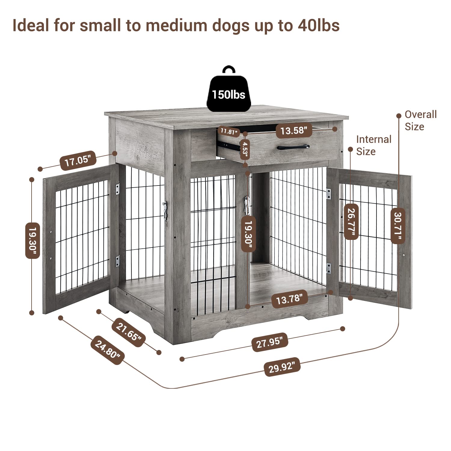 IchbinGo Wooden Furniture Style Dog Crate End Table, Double Doors Dog Kennel with Drawer, Rustic Style Decorative Dog House Cage Indoor Use, Easy Installation 29.92”L x 24.80” W x 30.71”H - WoodArtSupply