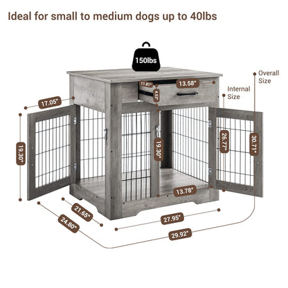 IchbinGo Wooden Furniture Style Dog Crate End Table, Double Doors Dog Kennel with Drawer, Rustic Style Decorative Dog House Cage Indoor Use, Easy Installation 29.92”L x 24.80” W x 30.71”H - WoodArtSupply