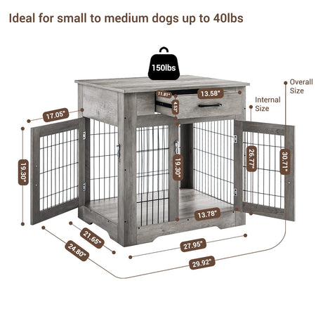 IchbinGo Wooden Furniture Style Dog Crate End Table, Double Doors Dog Kennel with Drawer, Rustic Style Decorative Dog House Cage Indoor Use, Easy Installation 29.92”L x 24.80” W x 30.71”H IchbinGo