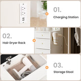 Pamapic Glass Top Vanity Desk with Crystal Handles, 11 Drawers Makeup Vanity with Mirror and Stool, 3 Lighting Modes Dressing Table, Power Outlet, Silent Slides, White Pamapic