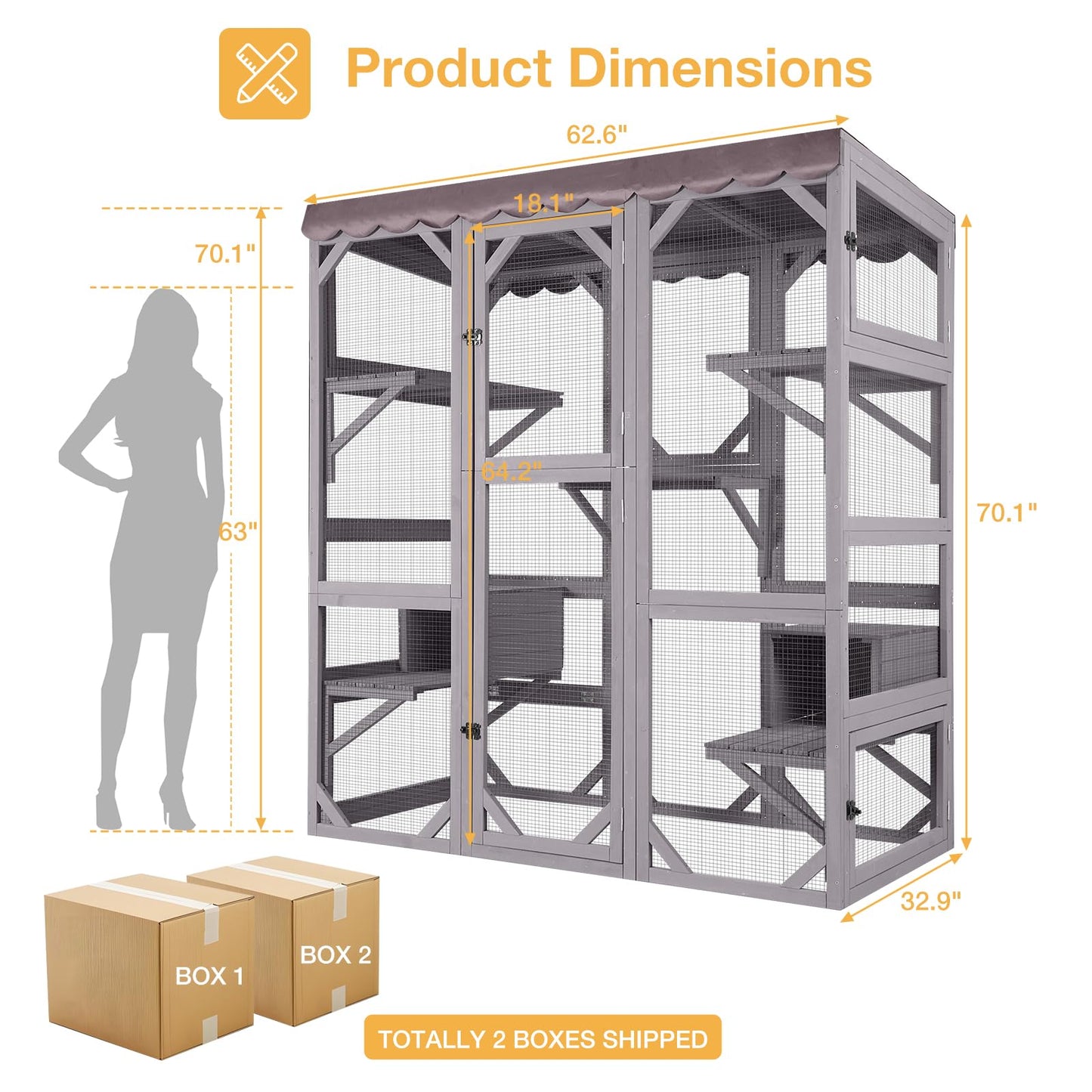 Wooden Catio Outdoor Cat Enclosure,Large Luxury Kitty-House with 7 Jumping Platforms & Weatherproof Asphalt Roof,Walk-in Kitty Kennel Condo Shelter and 2 Napping Houses (Grey, Large) - WoodArtSupply