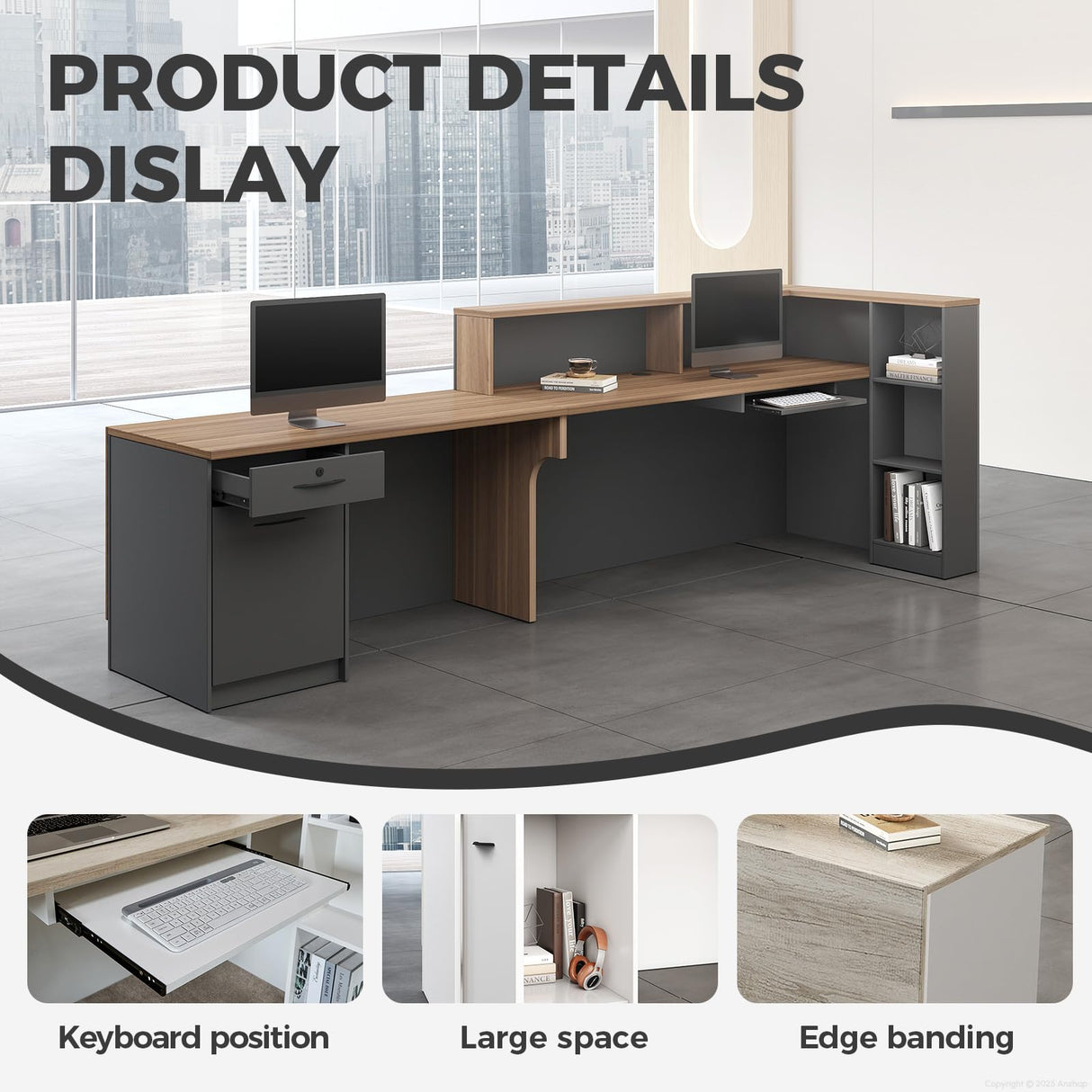 Anzhap L-Shaped Reception Desk with Counter, Modern Front Desk Checkout Counter with Drawer, Storage Cabinet, Keyboard Tray for Office, Salon, Lobby (Walnut + Iron Gray/Right, 94" L*24" W*41" H) Anzhap