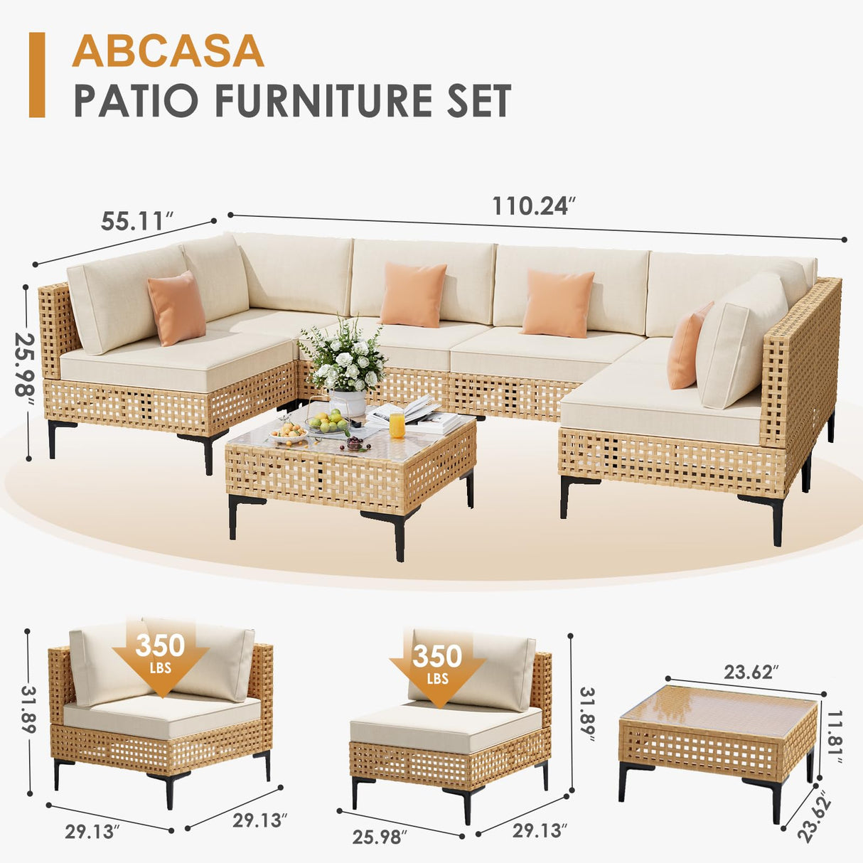ABCASA Patio Furniture Set, 110" Large 7-Piece Wicker Outdoor Patio Furniture Sets with Coffee Table,Boho Patio Conversation Set Sectional Sofa with All-Weather Cushions for Backyard,Porch,Beige ABCASA