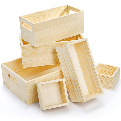 Frcctre 6 Pack Unfinished Wooden Box, 5 Sizes Natural Pinewood Nesting Storage Organizer Container Crafts Box with Handle Rustic Treasure Boxes for Arts Crafts, Storage, Home Decor Frcctre