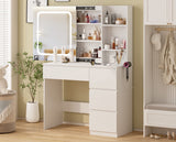 Vabches White Vanity Desk with Mirror and Lights, Makeup Vanity with Lights 4 Drawers, Vanity Table with Power Outlet & Sliding Door, 3 Lighting Colors, 37inch Vabches