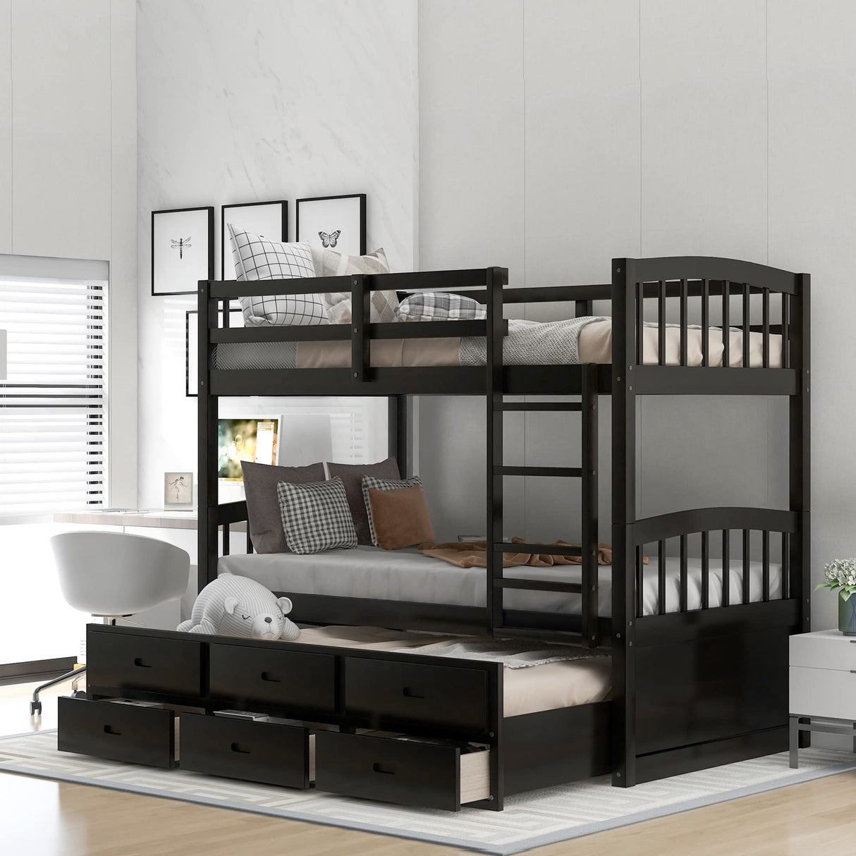 Ball & Cast Twin Over Twin Bunk Bed with Trundle & 3 Drawers, Convertible Solid Wood Bed Frame with Ladder & Full Length Guardrails, Detachable Bunk Beds for Kids,Teens,Space Saving, Espresso Ball & Cast