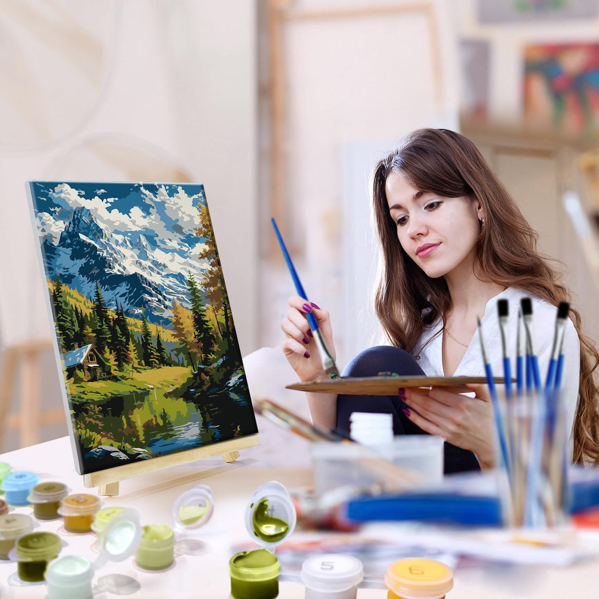 JOOZ 4 Pack Paint by Numbers Kit for Adults with Frame Landscape Paint by Number with Easel Flowers Adult Paint by Number Kit DIY Mountain Oil Painting Kits for Home Wall Decor 8x12 Inch JOOZ