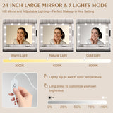 ONME Farmhouse Vanity Desk with HD Mirror and Light, Makeup Vanity with Drawers & Adjustable Cabinets, Glass Top Vanity with Charging Station, Rustic Modern Vanity Table with Shelves Bedroom White ONME