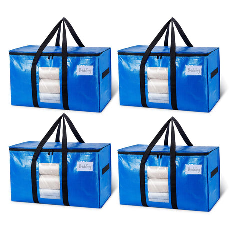 TAILI Extra Large Moving Bags, 4 Pack Blue Heavy Duty Totes For Storage with Visible Window, Wrap Around Handles, Storage Bags for Space Saving, Alternative to Moving Boxes TAILI