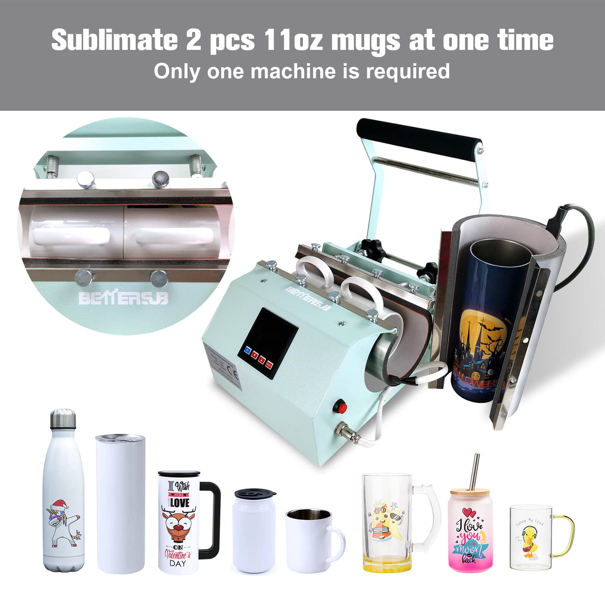 BetterSub 3in1 40 OZ Tumbler Mug Heat Press Machine 30 OZ 20 OZ 16 OZ Sublimation Straight Skinny Tumbler Mug,11 OZ 15 OZ 16 OZ Sublimation Mug Heat Transfer Teal BetterSub