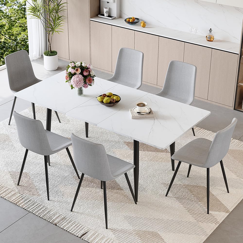 FURNITO 7 Piece Dining Table Set, 59"-75" Extendable Dining Room Table Set with 6 Upholstered Chairs, White Kitchen Table Chairs Set for Living Room, Apartment, Easy to Assemble FURNITO