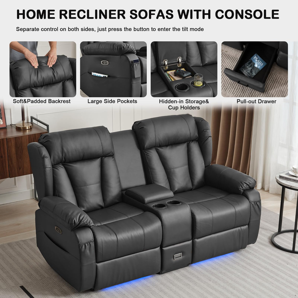 WISHDEER Power Reclining Loveseat Sofa, Loveseat Recliner Couch with Console, RV Recliners for Travel Trailers, Home Theater Seating with Cup Holders/LED/Drawer/USB/USB C (Black) WISHDEER