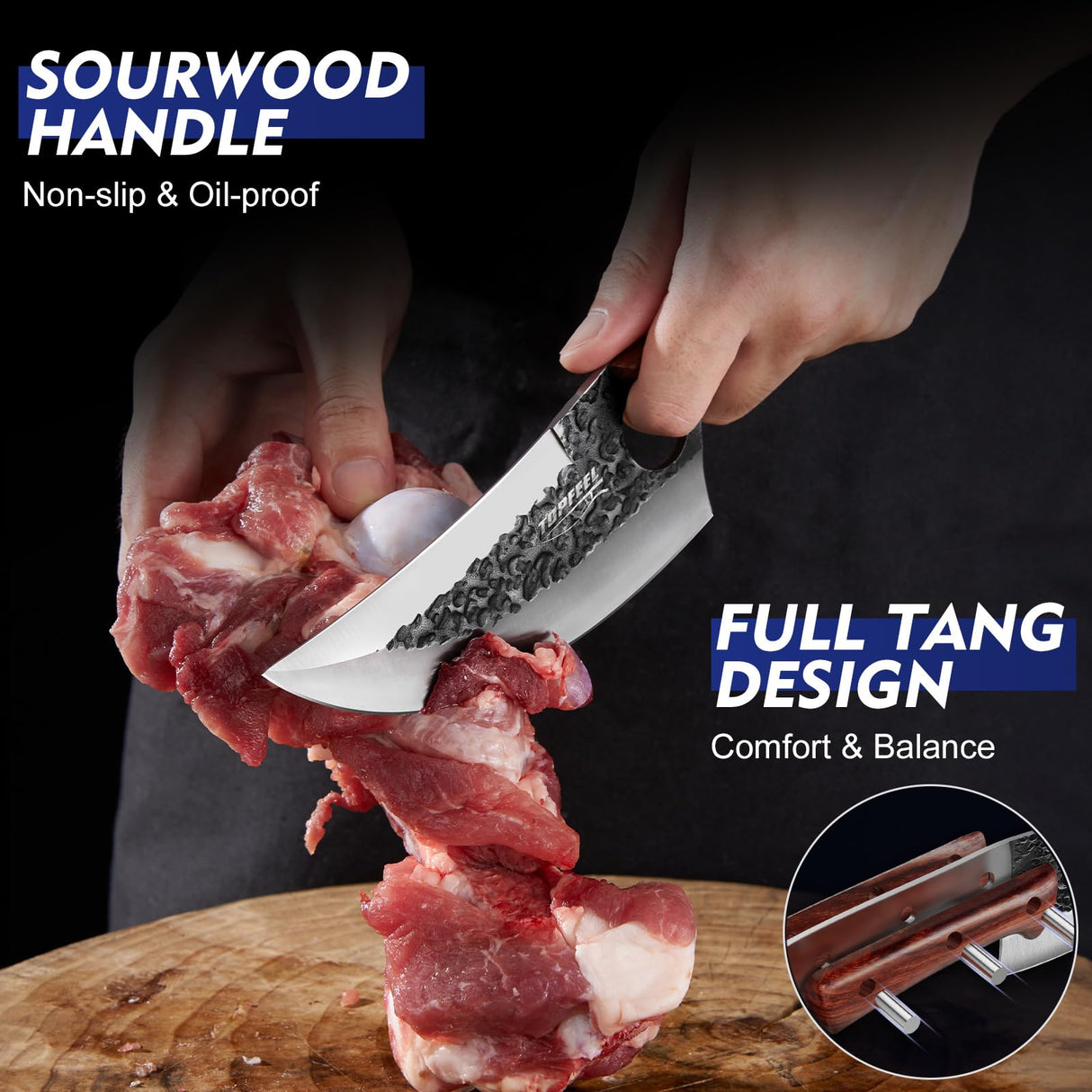 Topfeel 3PCS Butcher Knife Set, Hand Forged Serbian Chef Knife & Meat Cleaver Knife & Viking Knives, Meat Cutting Kitchen Knife Set for Home, Outdoor Cooking, Camping BBQ Gift Idea Men Topfeel