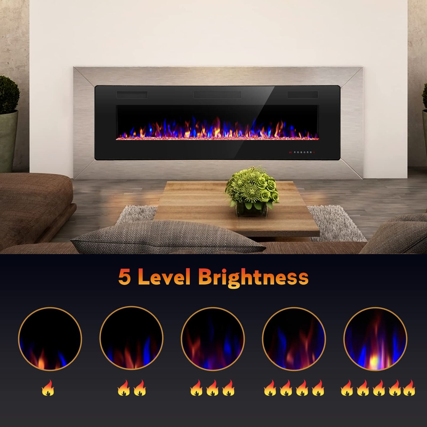 R.W.FLAME 60" Recessed and Wall Mounted Electric Fireplace, Low Noise, Remote Control with Timer, Touch Screen, Adjustable Flame Color and Speed, 750-1500W