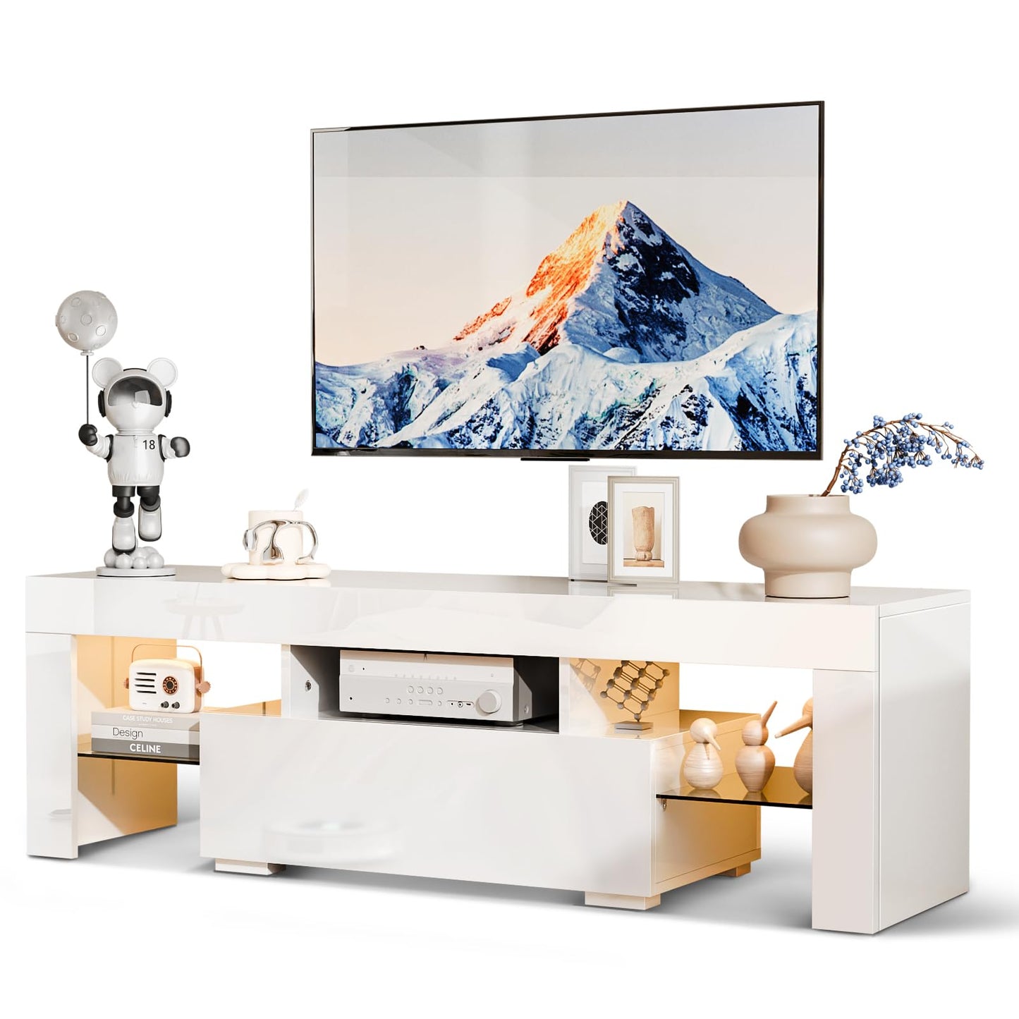 VINGLI LED TV Stand, 51'' High Glossy Modern Entertainment Center with LED Lights and Storage for 40/43/50/55 Inch TV (White, 51'' x 14'' x 18'') - WoodArtSupply