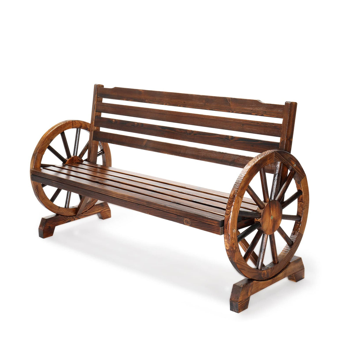 VINGLI Outdoor Rustic Wooden Bench with Wagon Wheel Arms, 3 People Outdoor Bench Garden Bench Front Porch Furniture Patio Lawn Yard Park, Indoor and Ourdoor Decor VINGLI