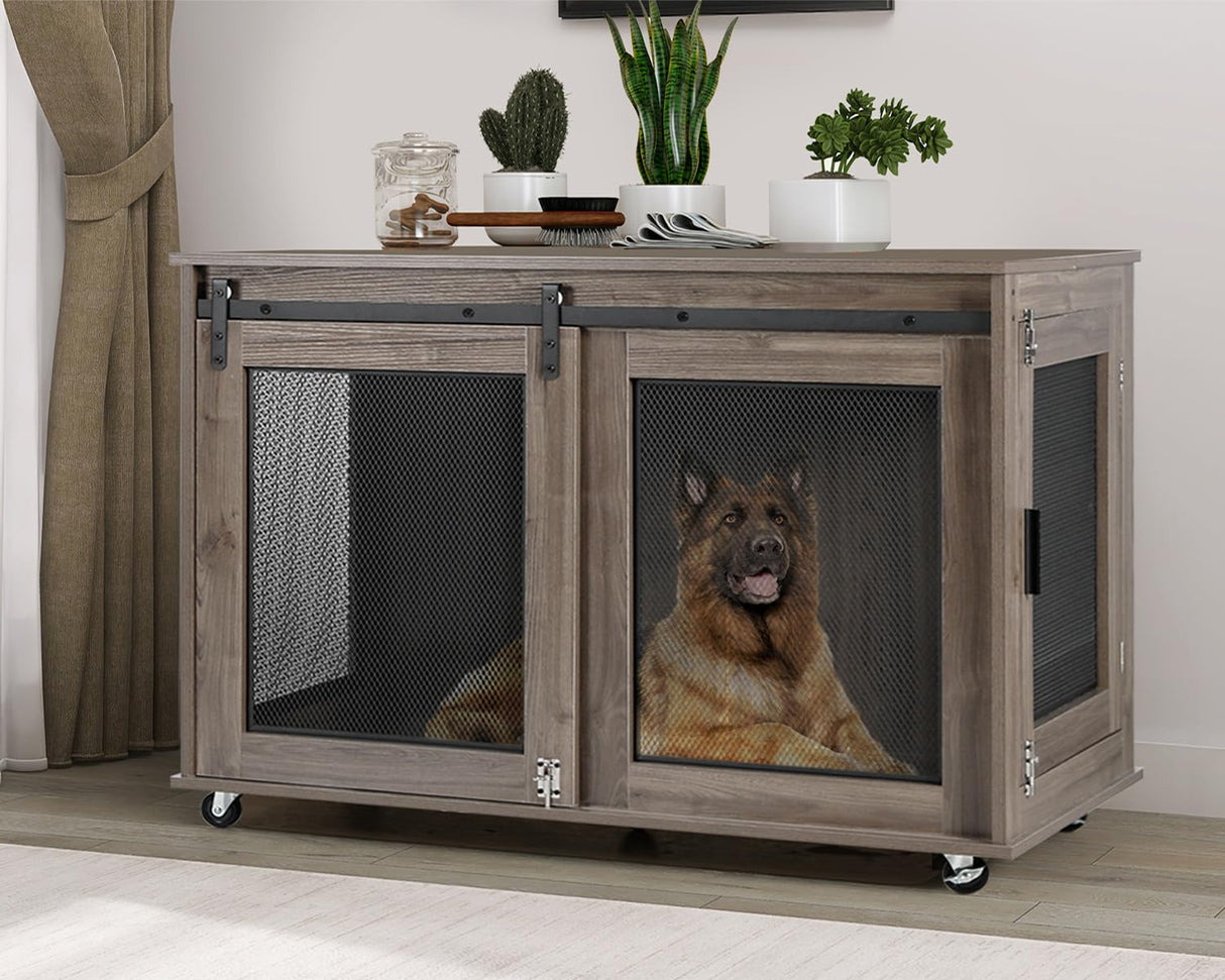 LINLUX 47 Inch XL Dog Crate Furniture, Wooden Heavy Duty Dog Kennel Indoor, Decorative Dog Cage Table for Extra Large Dogs, with Sliding Doors, Wheels and Flip-top Plate LINLUX
