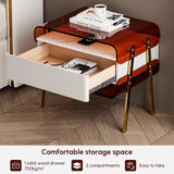 homary Modern Lighted Nightstand with Wireless Charging Station, Acrylic Shelves and Motion Sensor LED – Smart Bedside Table with Leather Drawer and Stainless Steel Legs homary