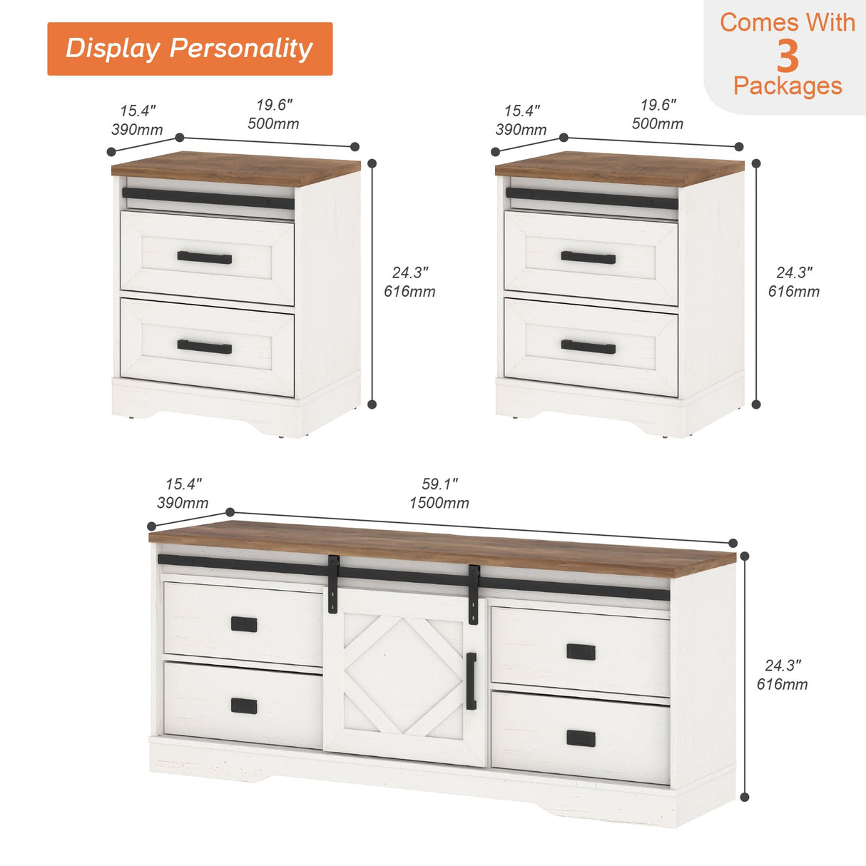 WAMPAT Farmhouse TV Stand with Charging Station and USB Ports for TVs up to 110" TVs,3 in 1 Wood Entertainment Center with 10 Drawers and Adjustable Shelves for Living Room,Antique White WAMPAT