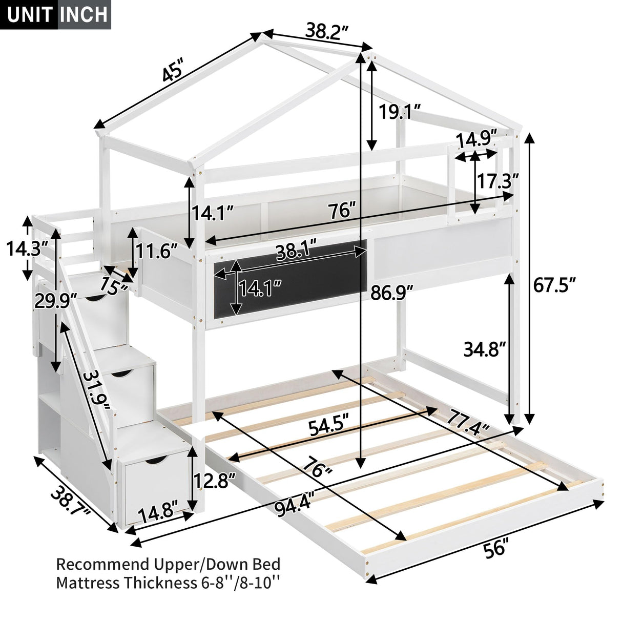 Merax Twin Over Full House Bunk Bed with Storage Staircase & Blackboard, Wood Kids Bunk Bed with Roof and Safety Guardrails, Playhouse Bunk Beds for Kids, Teens, Adults, No Box Spring Required, White Merax