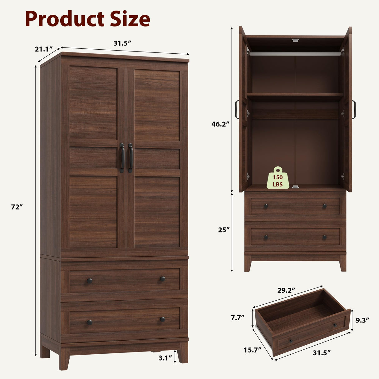 GarveeHome Armoire Wardrobe Closet with 2 Drawers,72 in Wooden Wardrobe Cabinet with Hanging Rod, Tall Clothing Armoire Cabinet with Doors and 18 Adjustable Shelves for Bedroom, Clothes,Walunt Brown GarveeHome