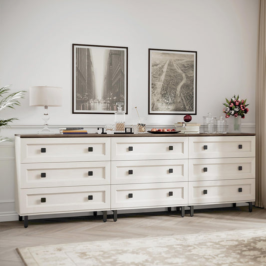 FENSULN White Dresser with 9 Drawers,3 in 1 Farmhouse Modern Chest of Drawers with Spacious Storage for Bed Room,Livingroom Hallway