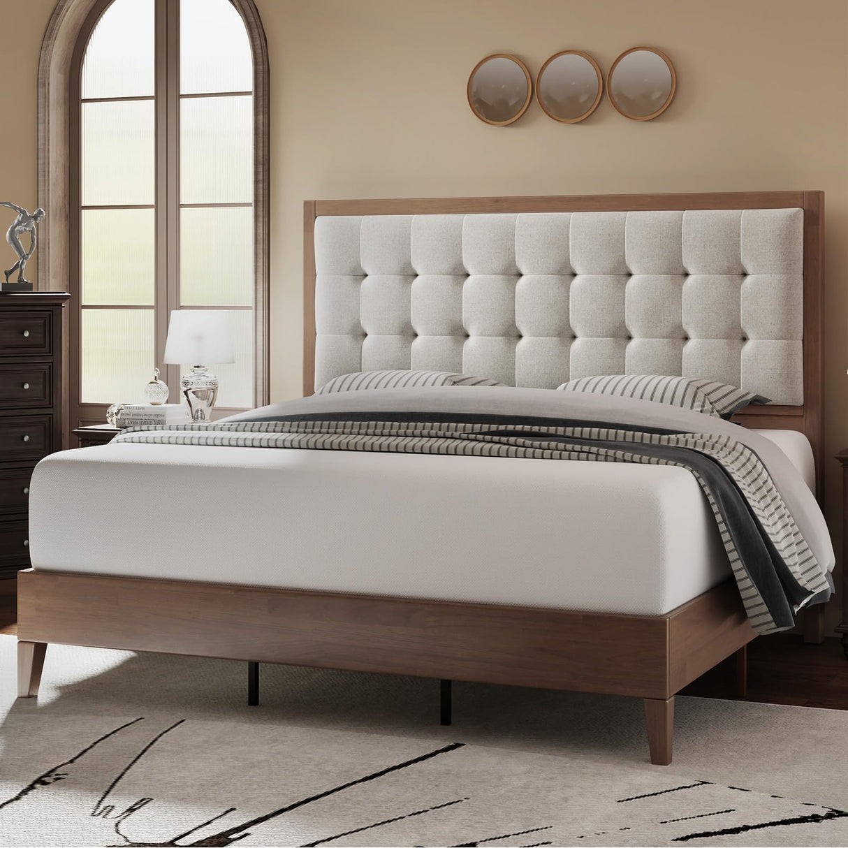 Jocisland Wood Queen Size Bed Frame,Tall Upholstered Tufted Headboard, Solid Wood Platform, No Box Spring Needed, Walnut Jocisland