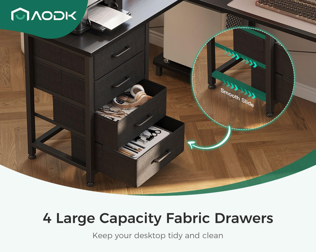 AODK L Shaped Gaming Desk with 4 Drawers, 53" Reversible Home Office Desks with Power Outlets, L Shaped Computer Desk with USB Charging Port and Host Stand, Corner Desk, Easy to Assemble, Black AODK