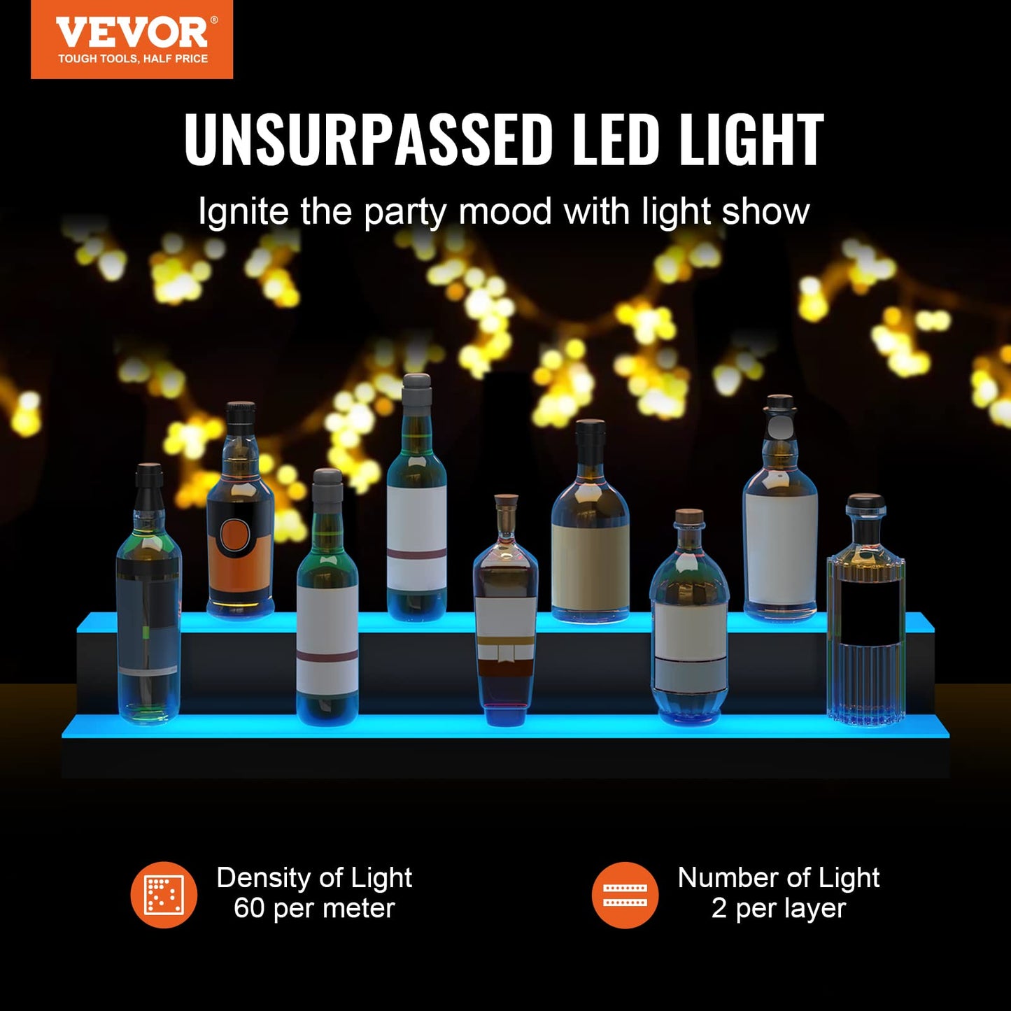 VEVOR LED Lighted Liquor Bottle Display Shelf, 40-inch LED Bar Shelves for Liquor, 2-Step Lighted Liquor Bottle Shelf for Home/Commercial Bar, Acrylic Lighted Bottle Display with Remote & App - WoodArtSupply