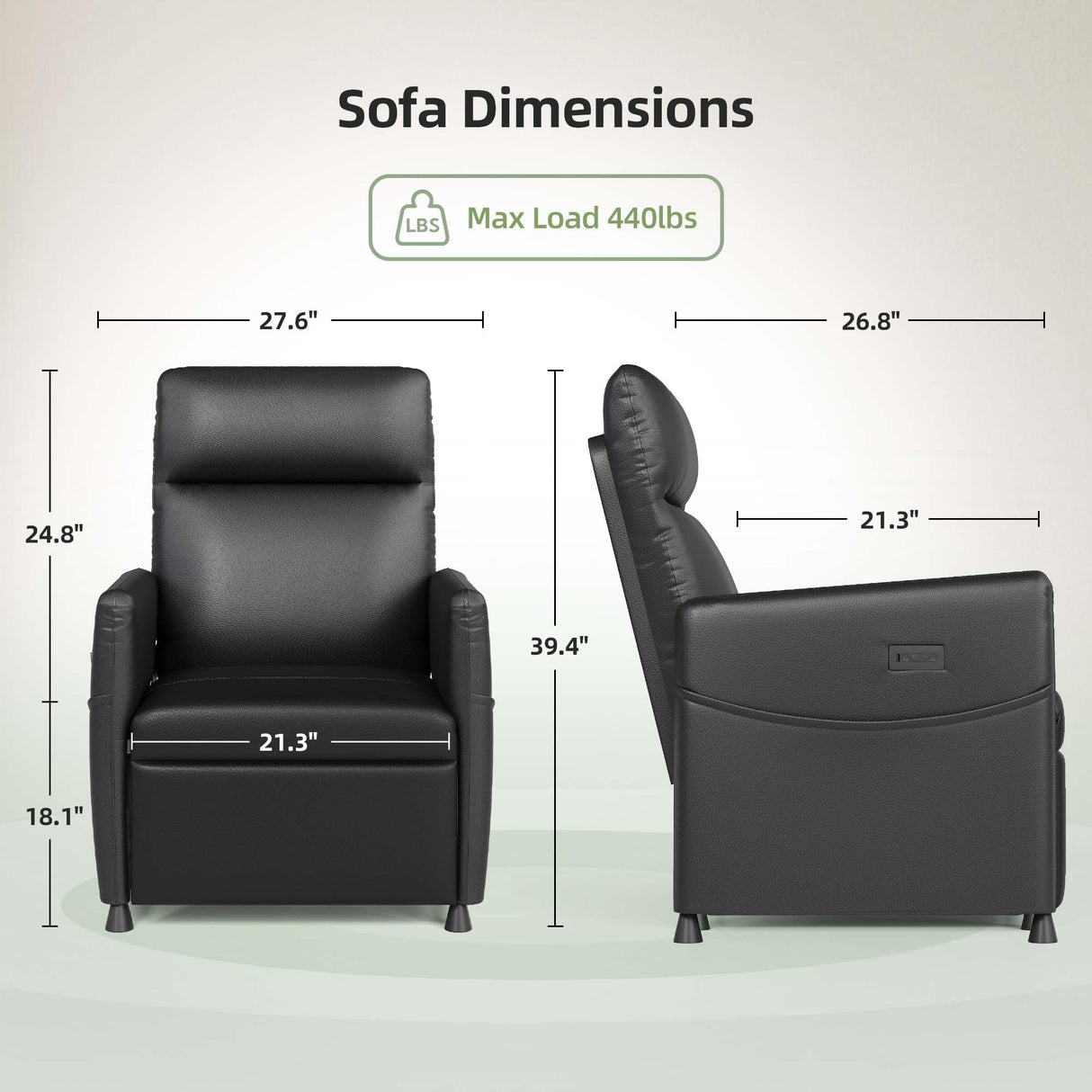 Power Recliner Chairs for Adults, Small Recliners for Small Spaces w/Remote & Side Pockets, USB Port, Adjustable Recliner Chair Electric for Living Room & Bedroom, Home Theater, Rv (Black - Leather) Nahenduo