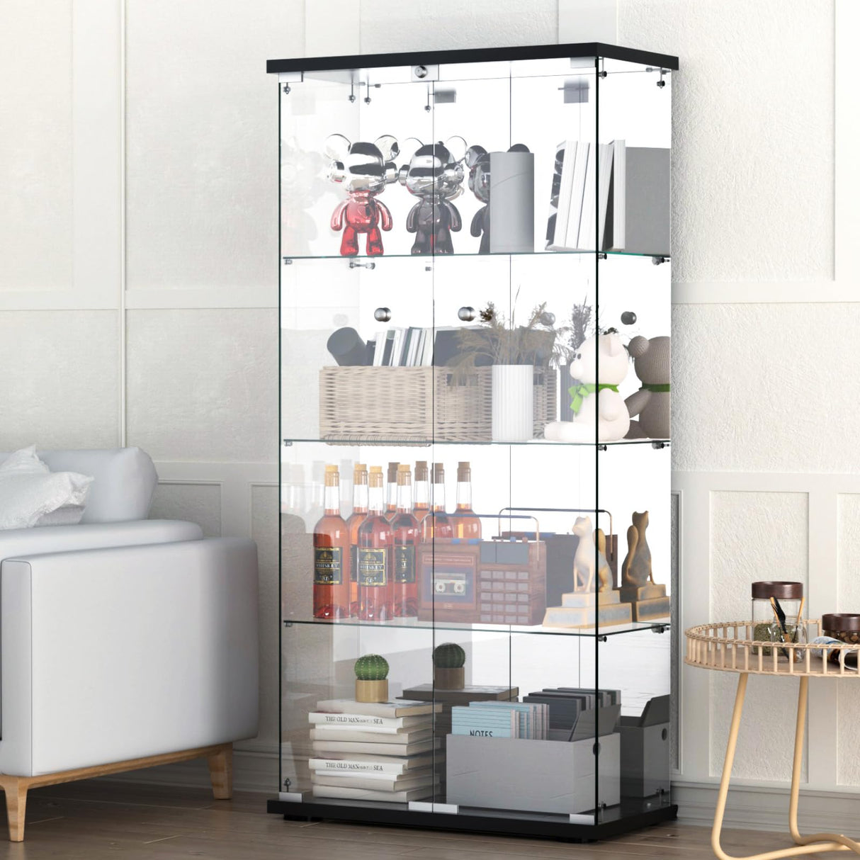 Display Cabinet with Mirror, Glass Door and Lock, 4-Shelf Fast Installation in 30Mins Curio Cabinet with 5mm Tempered Glass Floor Standing Bookshelf for Bedroom, Living Room, 65'' x32'' x14'', Black GDJAASJI