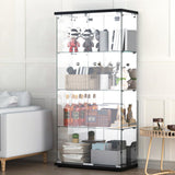 Display Cabinet with Mirror, Glass Door and Lock, 4-Shelf Fast Installation in 30Mins Curio Cabinet with 5mm Tempered Glass Floor Standing Bookshelf for Bedroom, Living Room, 65'' x32'' x14'', Black GDJAASJI