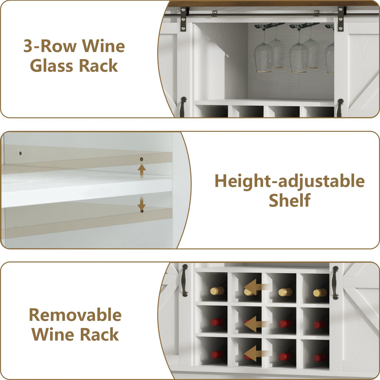 55" Farmhouse Coffee Bar with 3-Tier Storage, Kitchen Hutch Storage Cabinet with 6 Hooks, Wine Bar Cabinet with 12 Wine Racks & 3 Glass Holders, Hutch Cabinet with Storage for Dining Room, White REVOMINCA