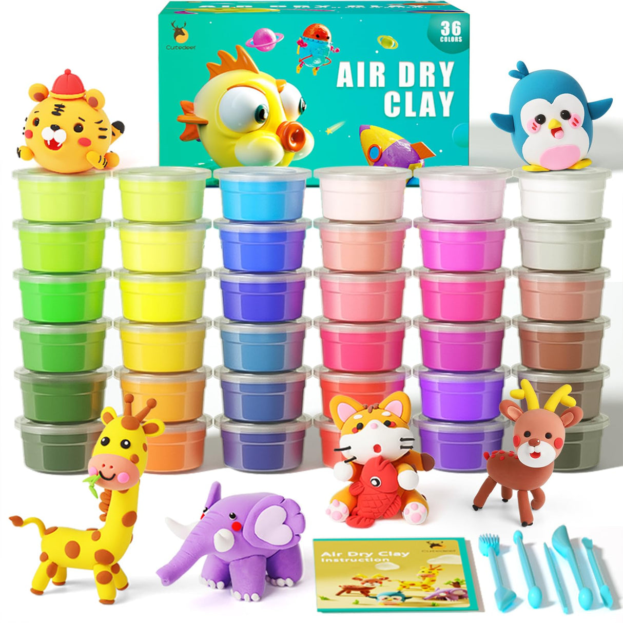Cutedeer Air Dry Clay Kit, 36 Colors Modeling Clay for Kids, Soft Squishy Molding with Sculpting Tools and Tutorials, Arts Crafts Gift for Boys Girls Cutedeer