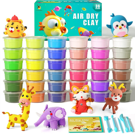 Cutedeer Air Dry Clay Kit, 36 Colors Modeling Clay for Kids, Soft Squishy Molding with Sculpting Tools and Tutorials, Arts Crafts Gift for Boys Girls Cutedeer